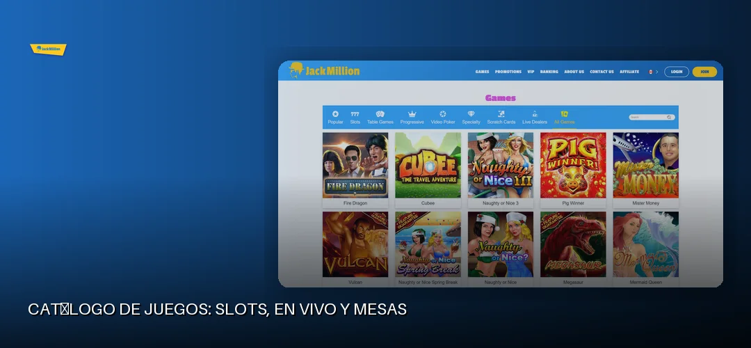 Catálogo de juegos: slots, en vivo y mesas